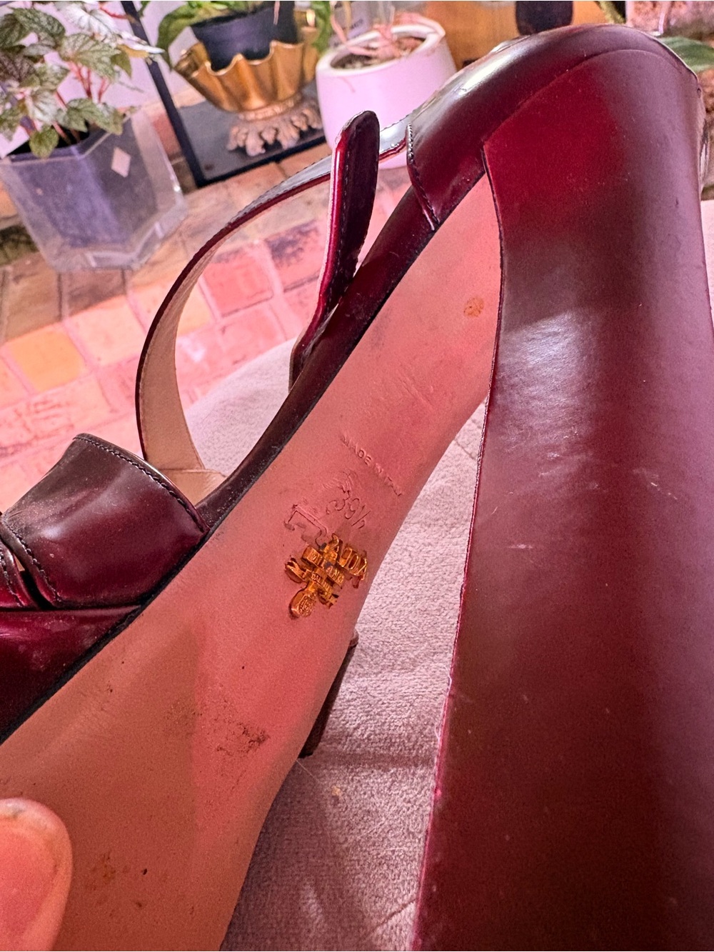 Prada Burgundy Patent Leather Crisscross Peep-Toe Heels - Picture 5 of 5